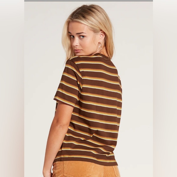 VOLCOM Choice Is Yours Womens Brown & Orange Stripe Tee - Picture 2 of 7